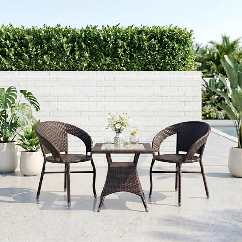Image of BRISHI 3-Piece Outdoor Rattan Wicker Patio Square Coffee Table Set | Garden Furniture for Balcony, Terrace, Poolside & Porch | Waterproof Bistro Sets for Home & Backyard (Brown)