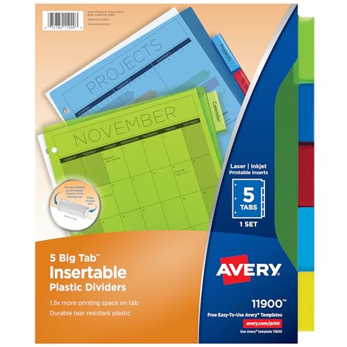 avery dividers for 3 ring binders, 5 tab binder dividers, plastic binder dividers, insertable big tabs, multicolor, 1 set (11900)
