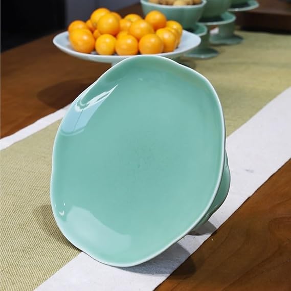 Fruit Serving Platter Celadon High-Foot Fruit Plate Chinese Tea Tray Home Placed Dried Fruit Tray Ceramic Fruit Plate Fruitp Plates,A(B)
