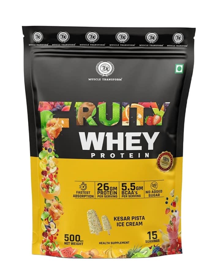 Fruity Whey Protein Isolate, 26g Protein, 5.5 BCAAs, 6g Glutamine, 15g EAA | Muscle-Building Whey Protein Supplement Powder, Refreshing Whey for Men Women [Kesar Pista, 500g]
