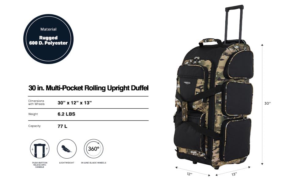 Image of Travelers Club Xpedition 30 Inch Multi-Pocket Upright Rolling Duffel Bag, Camo, 30 inch Suitcase, Xpedition 30 Inch Multi-pocket Upright Rolling Duffel Bag