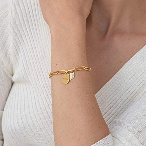 Myka - Personalized Paperclip Chain Link Bracelet With Engraved Charms - Custom Made Multiple Charm Jewelry For New Mom, Her, Women - Dainty Gift For Mother’s Day, Christmas, Summer - 0.925 Sterling Silver, 18K Gold & Rose Gold Plating, Vermeil #TOP2