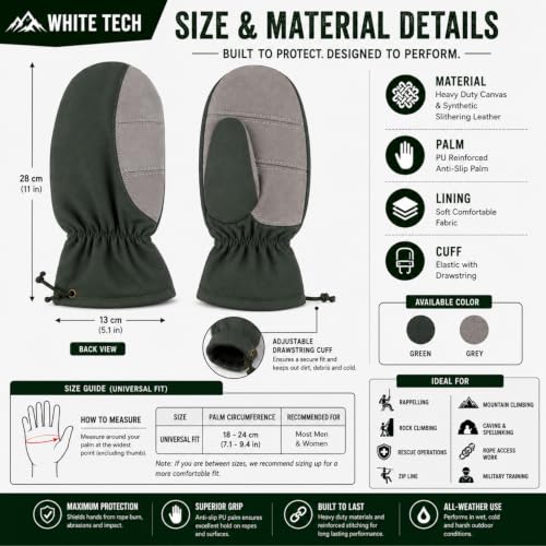 Image of White Tech Rappelling Mitten Gloves (1Pair) Slithering Mittens Gloves Heavy-Duty Leather Anti-Slip Lightweight Perfect for Zip line Climbing Activities & Military Training