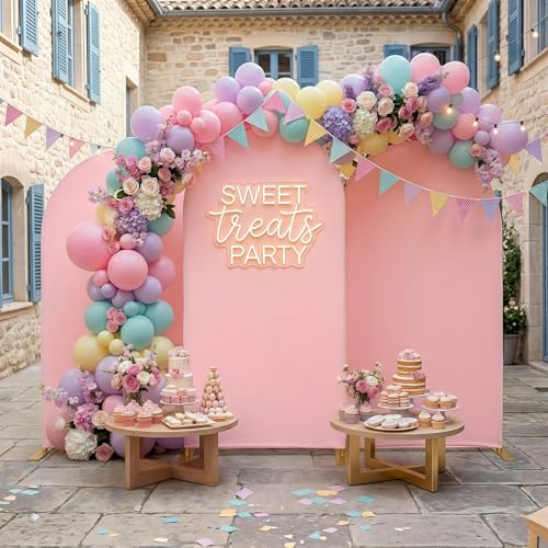 Image of Baby Pink Arch Backdrop Cover Set of 3 (7.2ft, 6.6ft, 6ft), Double-Sided Spandex Chiara Arch Frame Covers, Wrinkle-Free Fabric for Girl Baby Shower Princess Birthday Party (No Stand)