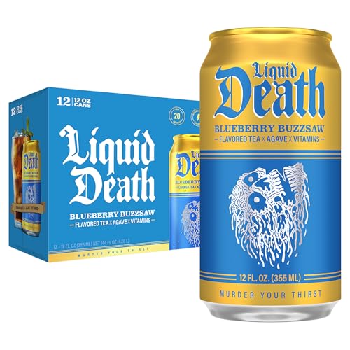 Liquid Death, Blueberry Buzzsaw Iced Tea, 12-Pack (12 oz Cans), Blueberry Flavored Black Tea, Low Calorie, No Artificial Sweeteners, B12 & B6 Vitamins