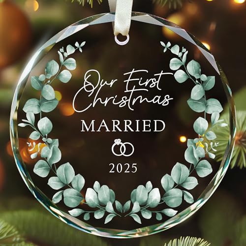 KATLADIZ First Christmas Married Ornament 2025 - Wedding Gifts - Wedding Gifts for Couples 2025 - Married Couple Gift for Bride, Newlyweds - Bride Bridal Shower Gift - Glass 1st Christmas Ornament