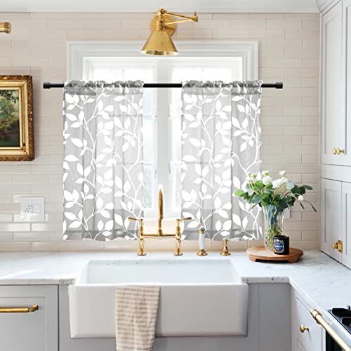 Image of XTMYI Small Door Curtains, Patterned Printed Sidelight Sheer French Door Curtains Set of 2, Light Gray and White, 36 Inch Length