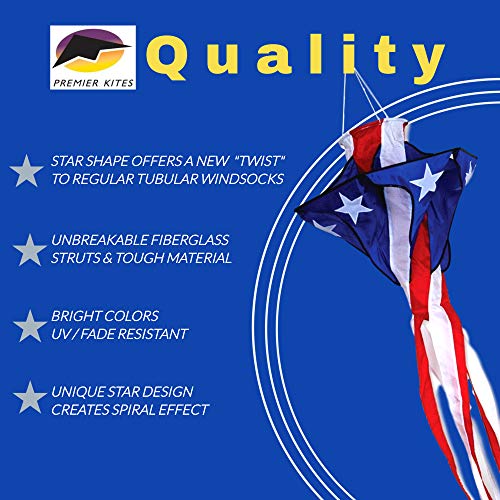 Premier Kites – Rotação de vento de estrela patriótica | Spinner de corda de bandeira americana para