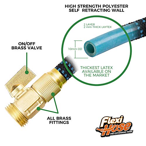 Flexi Hose with 8 Function Nozzle, 25FT - Lightweight Expandable Garden Hose, No-Kink Flexibility, 3/4 Inch Solid Brass Fittings and Double Latex Core