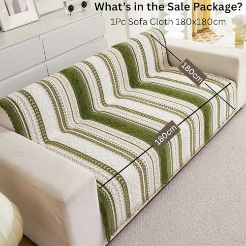 Image of HOMETHREADS Chenille Bohemian Boho Style Sofa Cover | Thick & Soft Luxury Slipcover | Protective, Washable & Stylish Couch Cover for Living Room Decor. (Boho Line Green, 3 Seater | 180x180cm)