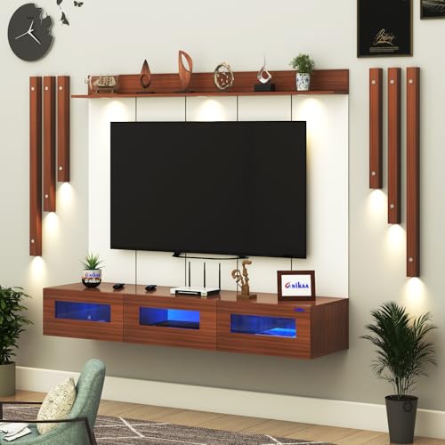 Image of Anikaa RayzaPro Engineered Wood Wall Mount TV Unit with PVC Back Panel, Acrylic Blue LED Storage Box, Side Wooden Accent Spot Light Panels I Deal for Up to 50 Inch TV (Walnut - DIY Installation)
