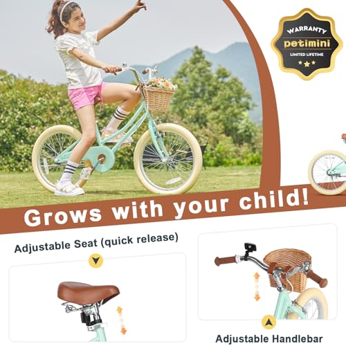 Image of Petimini Vintage Kids Bike for Girls, 12-20 Inch Classic Bicycle with Wicker Basket & Bell, High Tensile Steel Frame, Training Wheels (12-18 inch), 85% Pre-Assembled, Retro Bike for Outdoor Riding