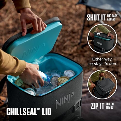 ninja  backpack cooler  frostvault go can soft cooler  leakproof zipper with built in can opener 2 ice packs amp dry storage drawer  for hiking camping amp more  2436 can