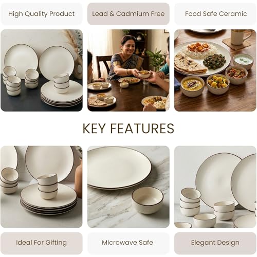 Image of The Earth Store Creme Matte Ceramic Dinner Set, 18 Pieces Includes 6 Full Dinner Plates & 12 Vegetable Bowls Microwave and Dishwasher Safe,Dinner Sets | Crockery Set for Gifting & Dining