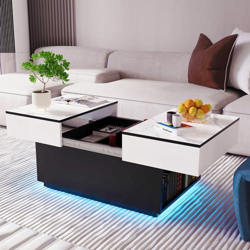 Soffbord vardagsrumsbord,LED-soffbord för vardagsrum med 16 färger lampor, modernt utdragbart skrivbord, högglans modernt sidobord soffbord med 2 förvaringsfack, 115 x 65 x 53 cm mellanbord