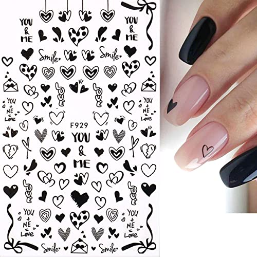 Valentines Nail Stickers Black Heart Nail Art Sticker Decal Black Heart Love Sample Shape Nail Design For Women Valentines Nail Art Supplies Diy Decoration 4Sheets #TOP2