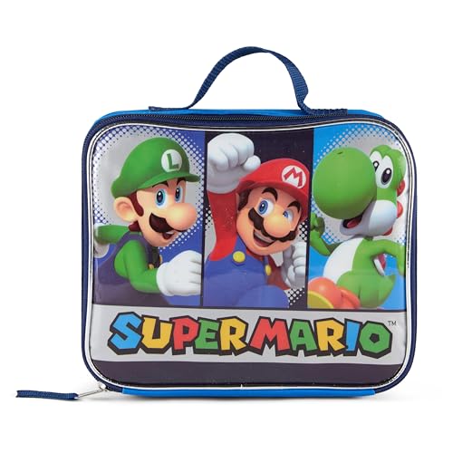 AI ACCESSORY INNOVATIONS Super Mario Insulated Lunch Box with Top Handle Blue Nintendo-Themed Lunch Bag for Boys and Girls Features Mario Luigi and Yoshi