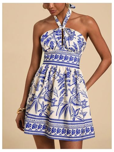 Image of Floerns Women's Floral Print Sleeveless Halter Neck Tie Back Summer A Line Dress