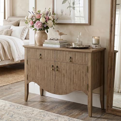 Image of FUSUNBAO 40 inch Fluted Buffet Storage Cabinet, Sideboard Credenza,Light Oak | Retro,Storage Cabinet,Fluted Sideboard Credenza, 2 Drawer, Accent Bar Cabinet, For Living Room, Dining Room, Entryway