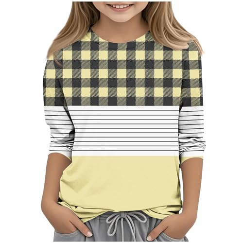 Girls 3/4 Sleeve T-Shirts Plaid Colorblock Patchwork Casual Loose Basic Crew Neck Summer Tops for Kids 3-14 Years