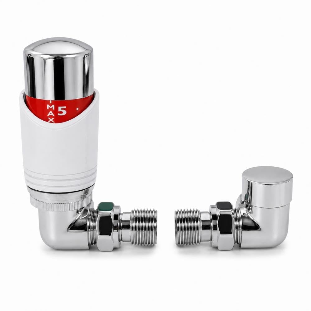 LavaTap – Designer White & Chrome Angled Thermostatic Radiator Valve TRV with Lockshield – Stylish Radiator Thermostat Valve Set for Central Heating Radiators
