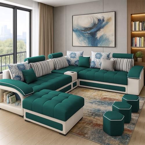 Image of Casaliving Yamir Modern U-Shaped Sectional Sofa Set with Storage, 9 Seater, Sofa Couch with 4 Puffy for Hall Guest Room (Pine & Grey) Premium Fabric Sofa Set