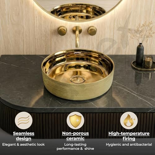 Image of Plantex Ceramic Washbasin /Tabletop Wash Basin /Countertop Vessel Sink for Bathroom /Livingroom Decor - Indo-European Collection (Gold -14.4 x 14.4 x 5 Inch)