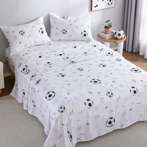 WEIKENA Kids Full Size Sheet Set Football Sheets for Boys Sport Theme Soccer Bedding with Fitted Sheet 16 Deep Pocket Flat Sheet and Pillowcases Soft Breathable Microfiber Bedsheet Decor Bedroom