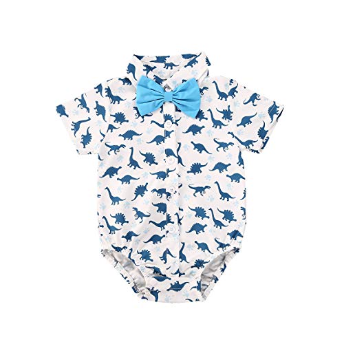 Image of Bagilaanoe Infant Baby Boys Dress Shirt Bodysuit Formal Short Sleeve Rompers One Piece Outfits Gentlemen Clothes Blue Dinosaur/3-6 Months
