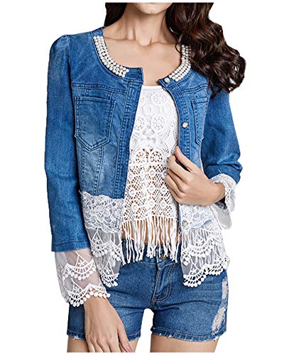 Kedera Women Denim Jacket Lace Patchwork Pearls Beading Jean Coat