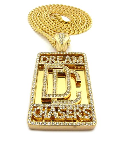 MENS DREAM CHASER ICED OUT HIP HOP CZ PENDANT FRANCO OR CUBAN CHAIN NECKLACE SET (Gold Cuban Chain Set)
