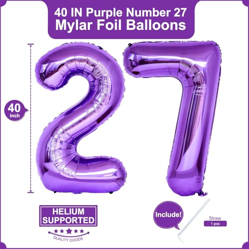Image of Number 27 Purple Balloons 40 Inch Giant Purple Foil 27 Helium Balloons for 27th Purple Birthday Party Supplies 27th Anniversary Events Decorations