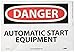NMC D477PB OSHA Sign, Legend "DANGER - AUTOMATIC START EQUIPMENT", 14" Length x 10" Height, Pressure Sensitive Vinyl, Red/Black on White