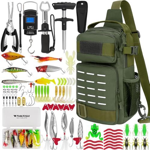 THKFISH Kit de herramientas de pesca de 85 piezas, mochila de pesca con cajas de aparejos incluidas, kit de aparejos de pesca que incluye kit de equipo de señuelo de cebo de pesca, alicates de pesca