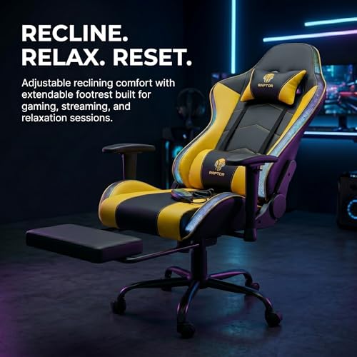 Image of RAPTOR NEXUS RGB Gaming Chair with Bluetooth Speakers, Full-Body Multi-Zone Massage, Recliner with Footrest, 3D Armrests & LED Lighting | Ergonomic PU Leather Gaming Chair for Gaming & Office (Yellow)