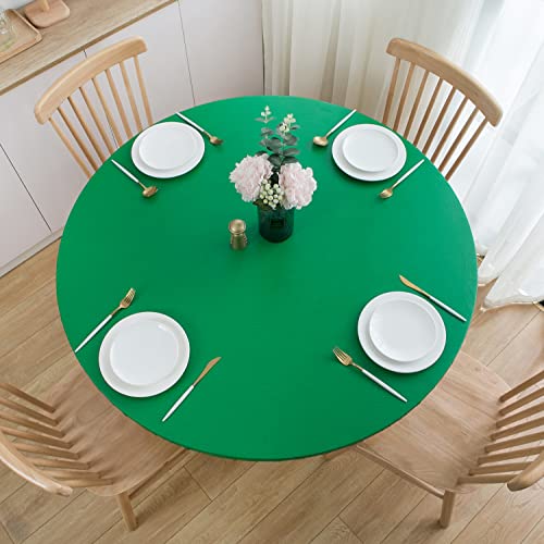 NLMUVW Green Round Vinyl Tablecloth with Flannel Backing Elastic Edge, 100% Waterproof PVC Table Cover Wipe Clean Table Cloth for Party Indoor and Outdoor, 57"- 65"