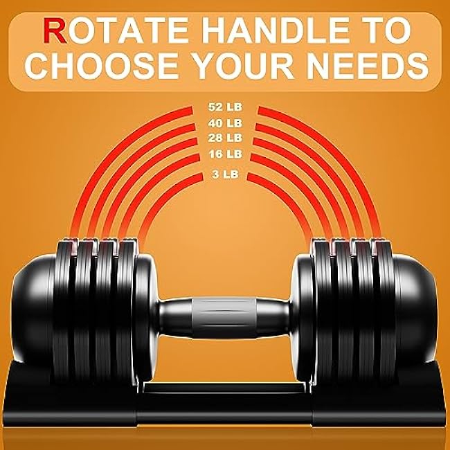 Adjustable Dumbbell,22LBS 44LBS 52LBS Dumbbell Set with Tray for Fitness, Fast Adjust Weight by Turning Anti-Slip Handle, Safety with 8 Lock Slots, Suitable for Men and Women