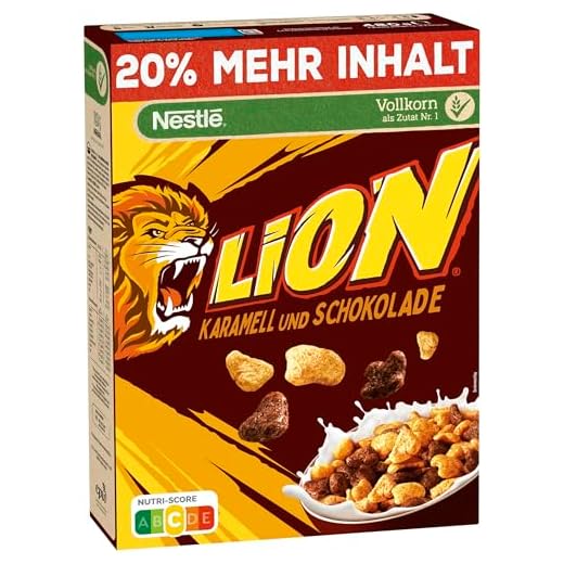 NESTLÉ LION Cereals (+20%), Schoko Cerealien mit Karamell und 41% Vollkorn, Frühstücksflocken mit Vitaminen & Mineralstoffen, 1er Pack (1x480g)