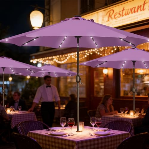 Image of Blissun 9 ft Solar Umbrella, Patio Umbrella with 32 LED Lights, Table Market Umbrella, Outdoor Umbrella for Garden, Deck, Backyard (Lilac)