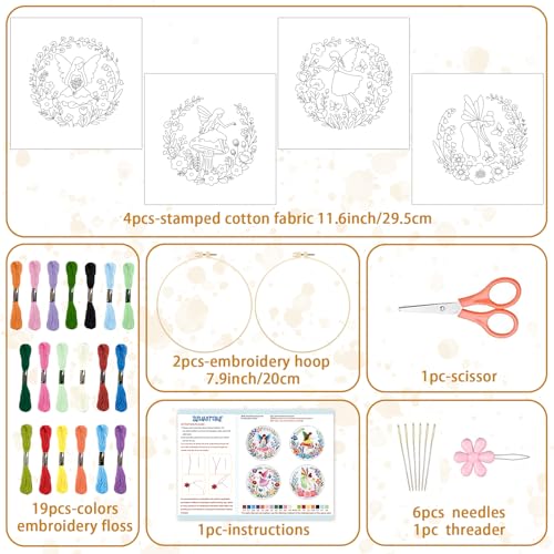 Image of BEUNITONE 4 Set Fairy Patterns Embroidery Kit for Beginners 7.9 inchx7.9 inch DIY Complete Needlepoint Kits for Adults, Cross Stitch Starter Kit with Hoops and Instructions, Handmade Gifts for Home Decor
