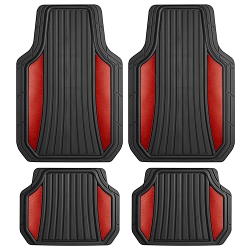 Image of Motor Trend ChromeTech Car Floor Mats Full Set - Durable Rubber Floor Mats for Cars with Two Tone Accent, All Weather Interior Protection for Front and Rear with Non-Slip Backing, Red Chrome
