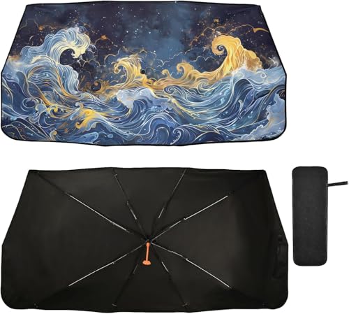 車用サンシェード 傘型 軽自動車 断熱 おしゃれ 遮光 フロントサンシェード 波 なみ 絵画 日本 和風 人気 折り畳み式 フロントガラス UVカット