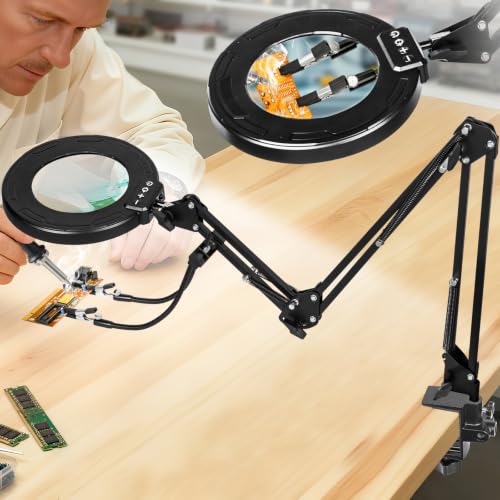 KUVRS 12X Magnifying Glass with Light and Stand, Ultralong 3-Section Swing Arm Workbench Lighted Magnifier Helping Hands, 5 Colors Stepless Dimming LED Desk Lamp with Clamp for Craft Repair Reading