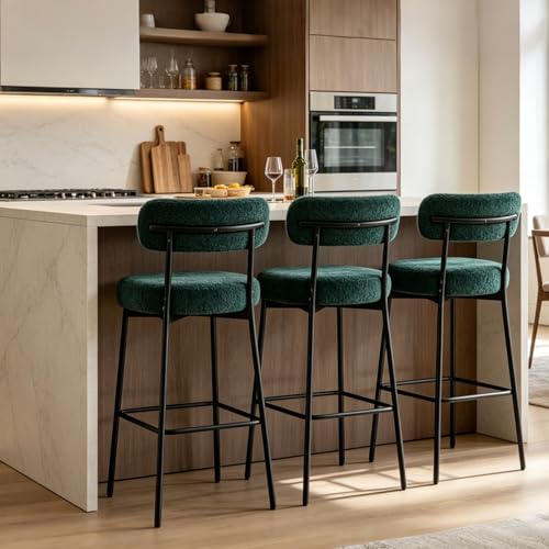 Image of Bar Stools, 30 inch Tall Bar Stools Set of 2, Boucle Upholstered Counter Height Bar Stools, Modern Bar Chairs Metal Frame with Back and Footrest for Kitchen Island,Green Barstools