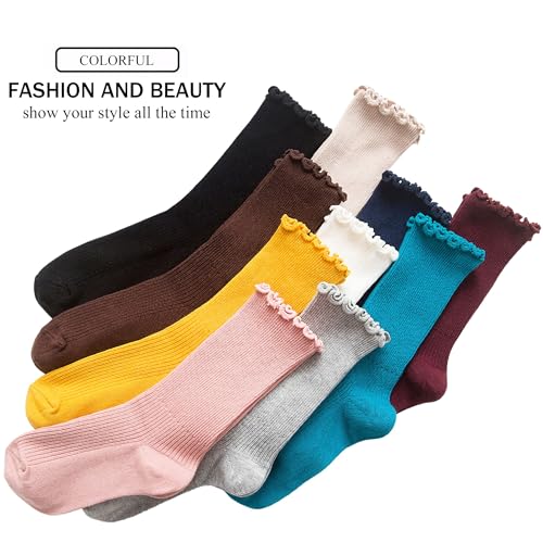 Image of UTTPLL Womens Cotton Crew Socks Ruffle Turn-Cuff Fashion Princess Lettuce Ankle Socks Athletic Thin Gift Dress Socks