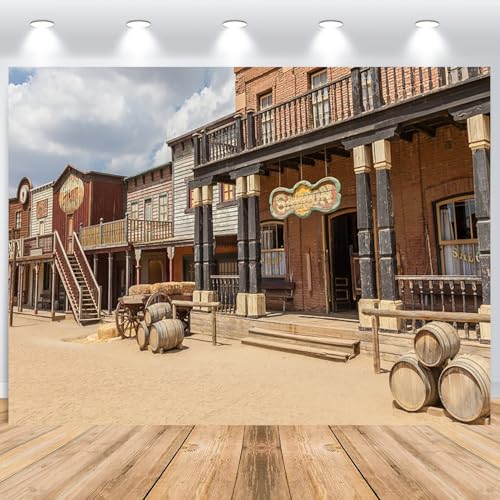 ASDCXZ Telón de Fondo de la Ciudad del Oeste 2.2x1.5m, Casa de Madera Rural Vintage Saloon West Cowboy Fotografía de Fondo Baby Shower Cumpleaños Fiesta del Oeste Decor Banner Accesorios de Estudio