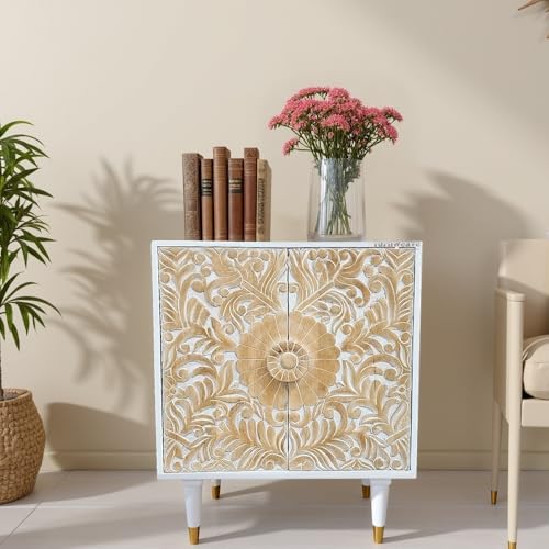 Image of Aerka Wooden Sideboard Cabinet for Living Room | Handcrafted Wooden Cabinet for Storage with Carved Doors | Cabinet for Home | Wooden Storage Furniture for Home | White Distress