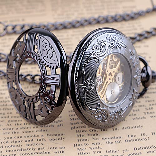 Montre de poche mécanique noire Tiong vintage avec couronne creuse et pentagramme