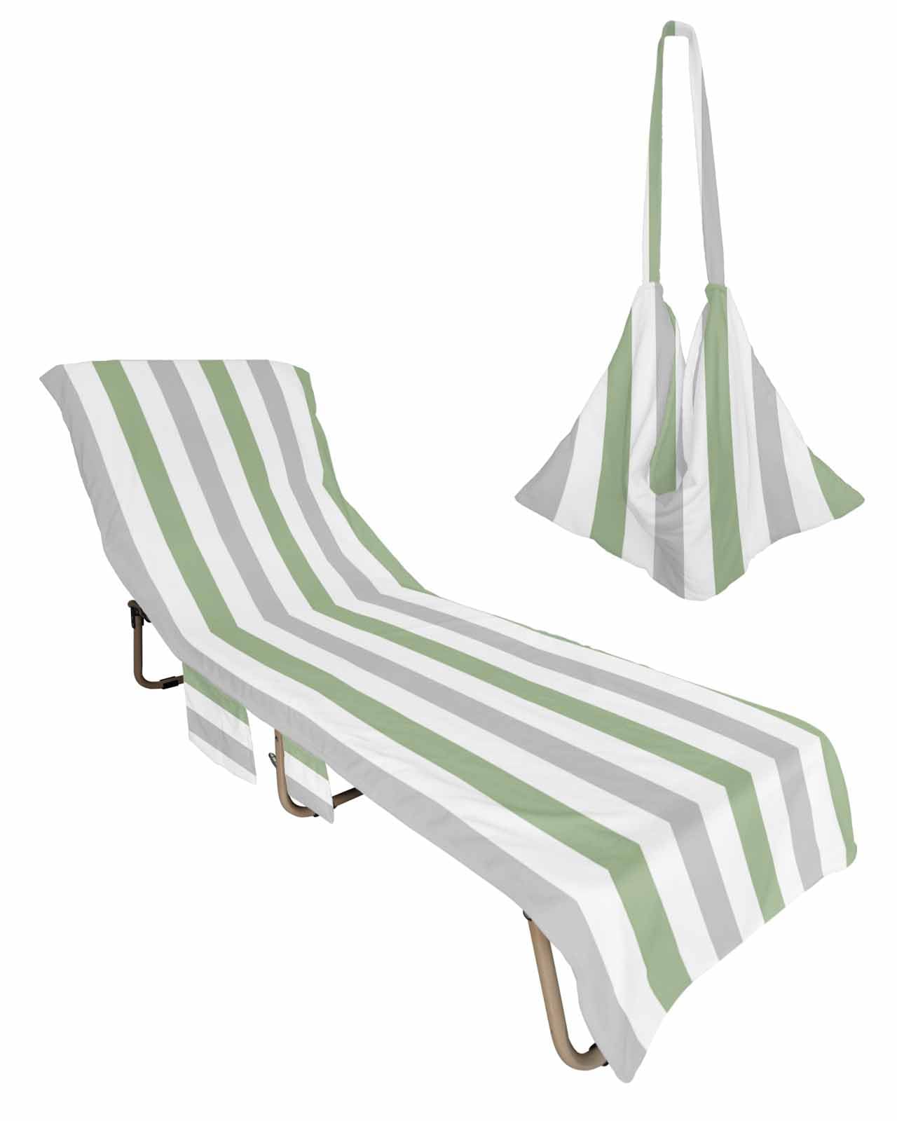 Sage Green Grey Striped Beach Lounge Chair Towel Cover, Soft Chaise Lounge Towel with Side Pockets Patio Pool Chairs Cover for Beach/Pool Sunbathing 29x85 Farmhouse Sage Green Stripes