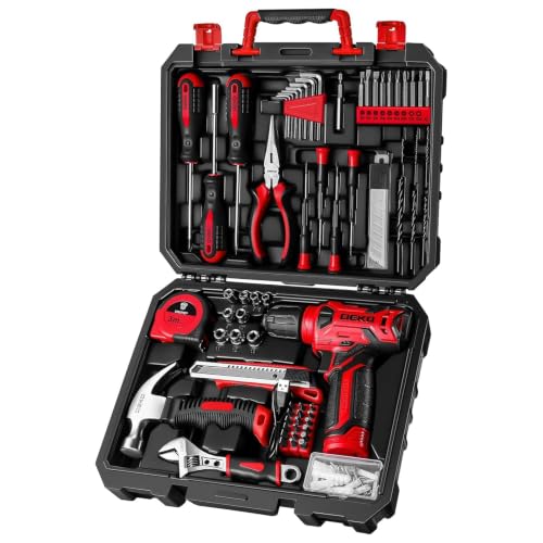 DEKO Caja Herramientas Completa con Destornillador Electrico/Taladro con bateria de 8V, Maletin de 126 Piezas, Caja profesional de herramientas Domésticas de Bricolaje para Oficinas y Jardín,Rojo
